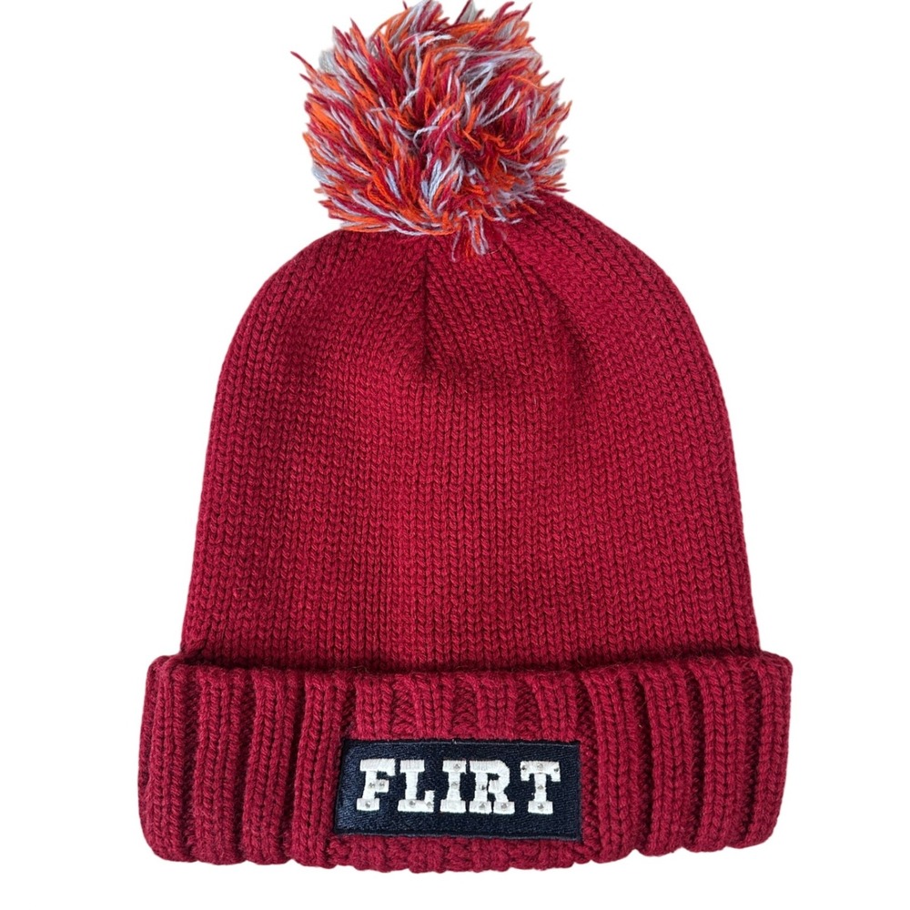 Y2K No Boundaries‎ Red Knit Beanie Hat with Pom Pom and FLIRT Patch